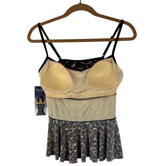 Slim Shaper UPF 50 Black‎ Goldish Brown Animal Print Ruffle Swimwear Top Size 12 - Picture 6 of 10